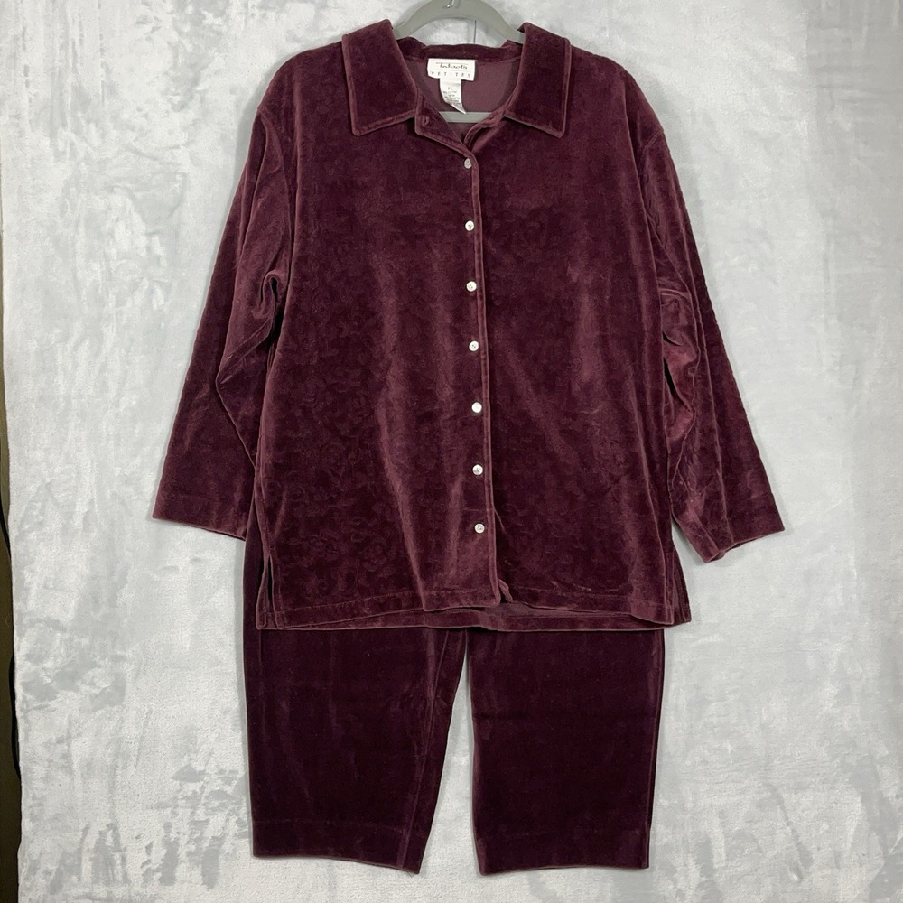 Talbots Petites Velour Set Button Up‎ Top Pants PL Purple 2 Pc Velvet Comfy Cozy